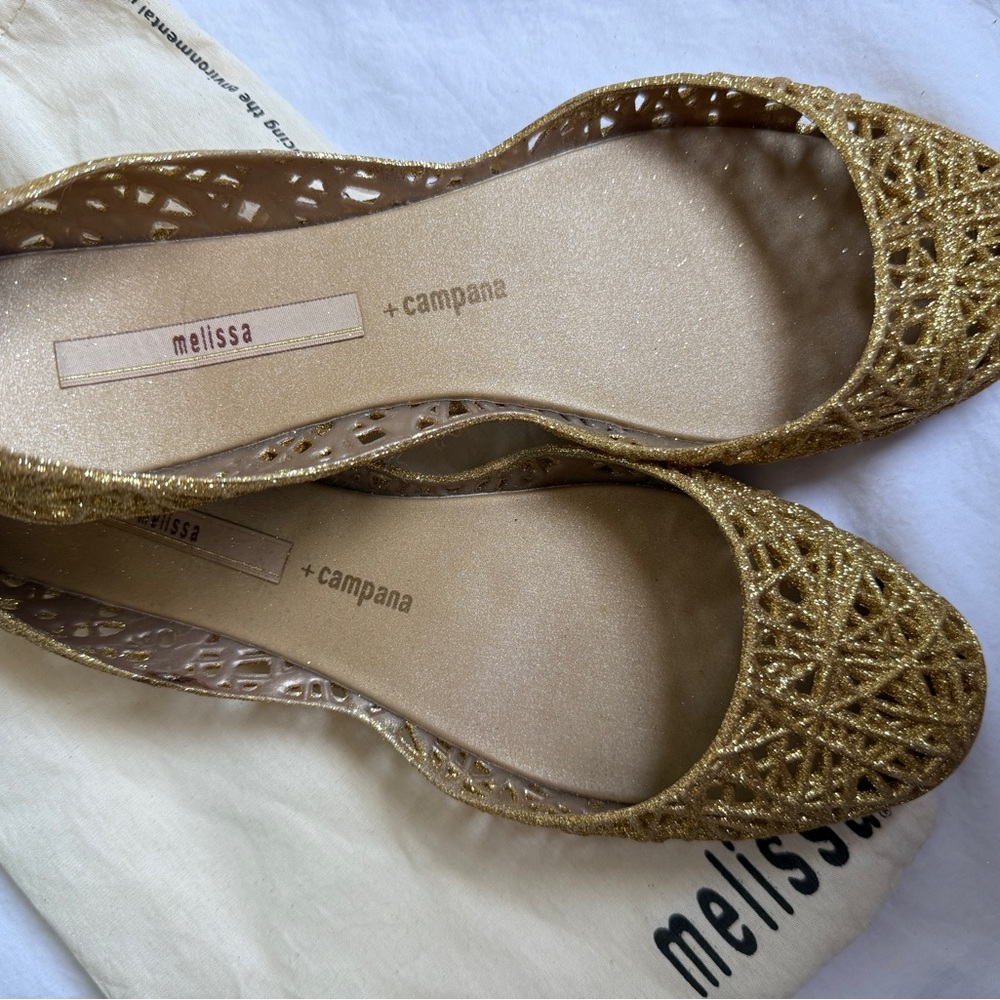 Melissa + Campana Gold Glitter Laser-Cut Jelly Flats